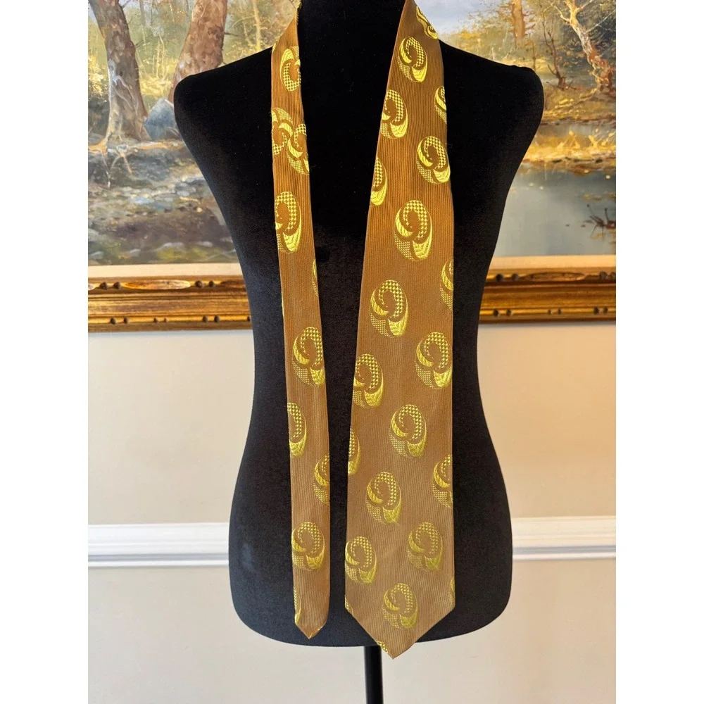 Vintage French Bronze Brown Chartreuse Yellow Geometric Orbital Wide Silk Tie 4